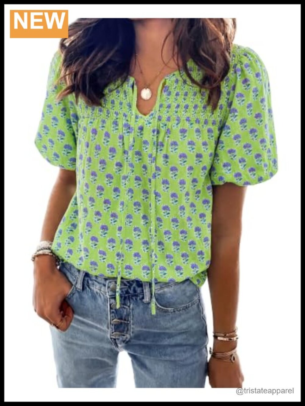 Boho Floral Puff Short Sleeve Blouse V-Neck Drawstring Summer Top